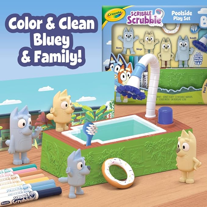 Crayola Scribble Scrubbies Bluey Poolside Playset (4ct), Washable Bluey Toy Set for Kids, Holiday for Toddlers, with Bingo, Chilli, and Bandit, Ages 3+