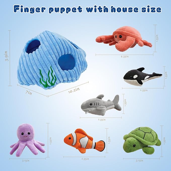 6pcs sea Finger Puppets with a Shell House, Novelty Animals Toys Puppet for Kids, Storytelling Role-Playing Plush Finger Puppets Gifts for Boys and Girls