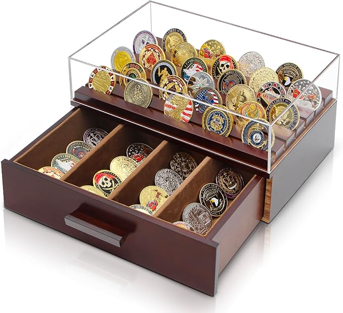 Challenge Coin Display Case, Military Coin Collection Holder with Wooden Coin Box, Drawers, and Clear Acrylic Lid – Gifts for Coins Collectors (6 Rows)