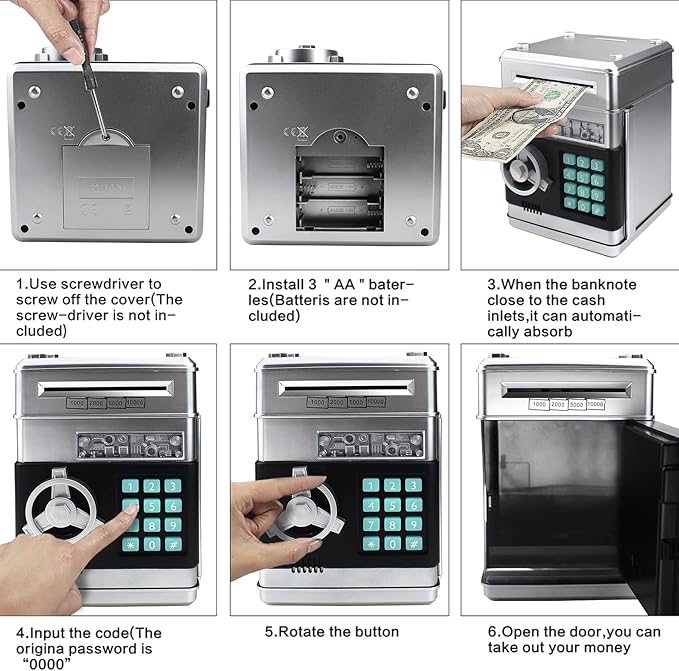 Piggy Bank for Kids, ATM Electronic Password Cash Coin Bank, Money Saving Box for Kids, Boys Girls Birthday Gift (Silver)