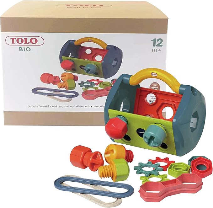 Tolo Bio Tool Box | 14-Piece Kids Engineering Tool Set with Screwdriver, Spanner, Connectors, Screws, Bolts, Nuts & Gears | Educational STEM Toy for Creative Play | Portable with Sturdy Handle