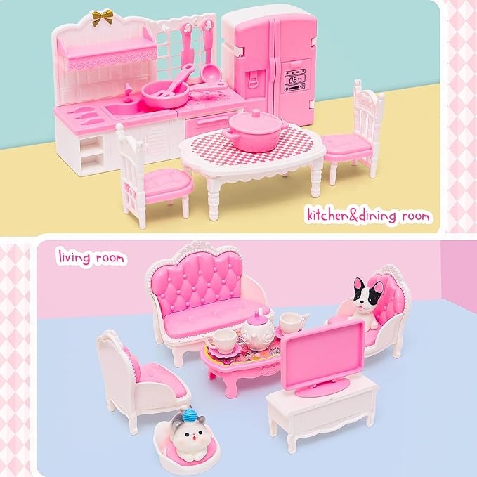 45 Pcs Dollhouse Furniture Set Accessories Doll House Mini Furniture Pretend Play Bedroom Living Room Bathroom Kitchen for Kids Birthday and Christmas Pink