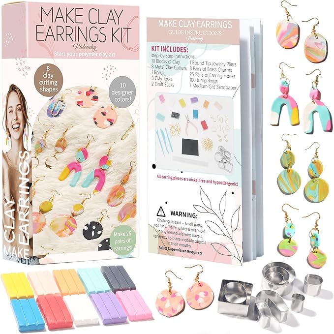 Patemby 183PCS Polymer Clay Earring Making Kit for Art Crafts Gifts Teen Girls and Adults, Ages 8-12 Year Old DIY Polymer Clay Earring Jewelry Craft Making Gift Set