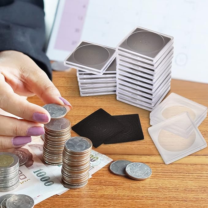PAIYULE 96 Pieces 46mm Coin Capsules, with Foam Gasket and Plastic Storage Organizer Box, 6 Sizes (20/25/27/30/38/46mm) Coins Collector Case Holder for Coin Collection Supplies (Black-Square)