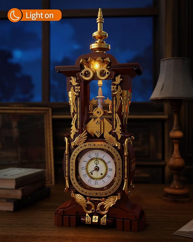 Vintage Clock Building Block Set, Stem Toy with Real Clock Function and Controllable Lighting, Technic Building Kit, Unique Home Decoration and Collectible, Birthday Gifts for Adults & Kids 6-12
