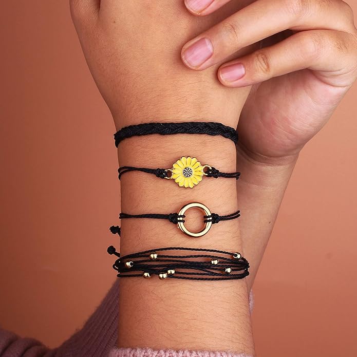 FANCY SHINY Sunflower String Bracelet Boho Braided Rope Wrap Bracelets Cute Summer Beach Surfer Jewelry for Women Christmas Gifts