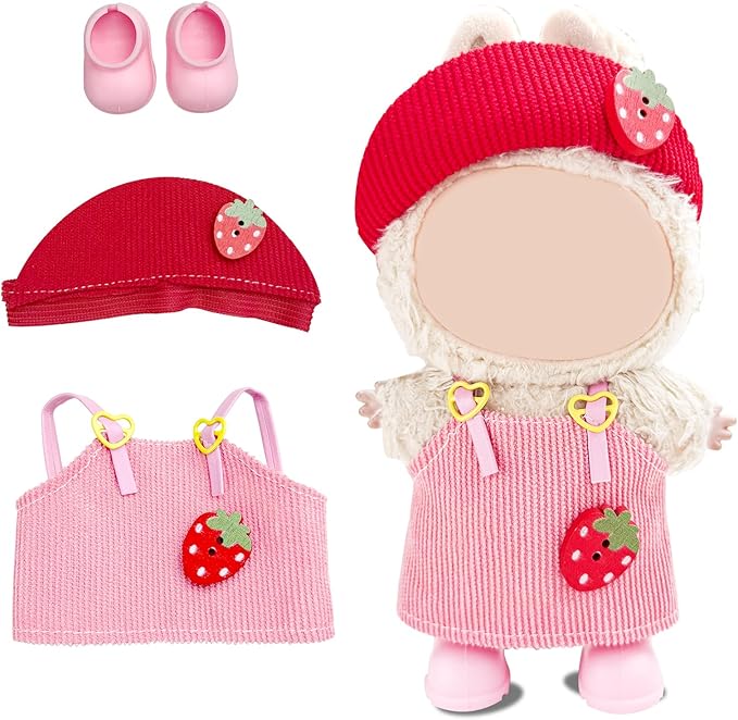 17cm Doll Clothes Set—3 Piece Set Hat Dress for 6.7in Plush Dol , Boys and Girls Stylish Adorable Dolls Clothes Accessories, Includes—Strawberry hat+Halter Dress+Shoes (Style C)
