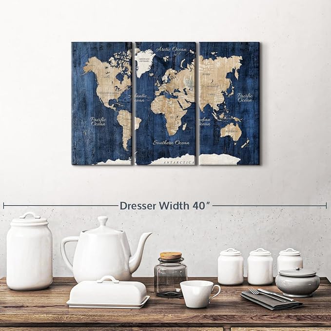 ElephantStock Aged Blue World Map II Canvas - 3 Panel Wall Decor - World Map Digital Art - Blue Wall Art - 23" X 14"