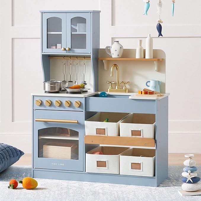 Tiny Land Play Kitchen for Kids, Wooden Toy Kitchen Set with Storage & Accessories, Toddler Kitchen Playset with Stove & Sink, Kids Kitchen Playset Gift for Ages 3-8