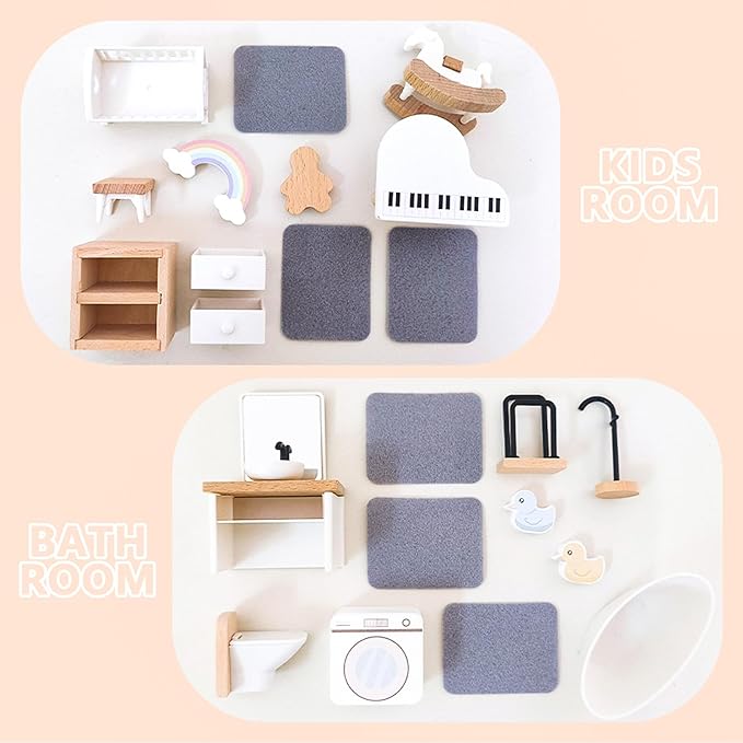 Wooden Dollhouse Furniture Set Elegant Kid’s Room & Bathroom Doll House Accessories, Premium Wood Toys for 3-6 Year Olds, Dollhouse Decor Set for Girls & Boys Birthday Christmas