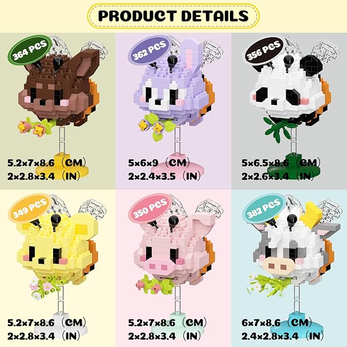 Cute Cartoon Animal Mini Micro Building Blocks Set - 6 Mini Designs with Display Stands, Ideal for Party Favor for Kids and Building Blocks for Adults. Educational Toys for Kids