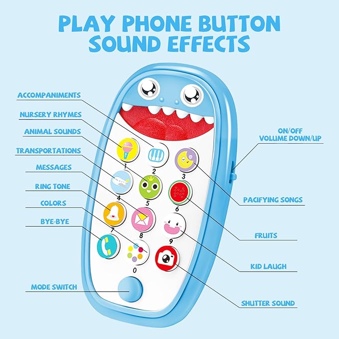 Baby Shark Cell Phone Toy Removable Teether Case, Light, Music & Adjustable Volume Kids Play & Learn Fake Phone Infant Toddler, Preschool Holiday Birthday Present for Girl Boy 12 Months (Blue)
