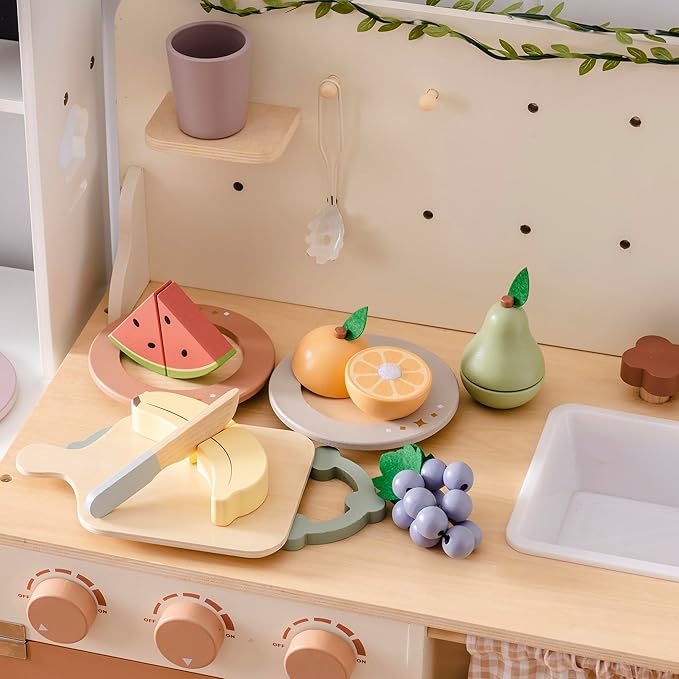 ROBOTIME Wooden Play Food Cutting Fruit Set, Pretend Play Toy Food for Play Kitchen with Shopping Bag – Kids Kitchen Accessories, Wooden Fruit Toys for Kids Boys Girls