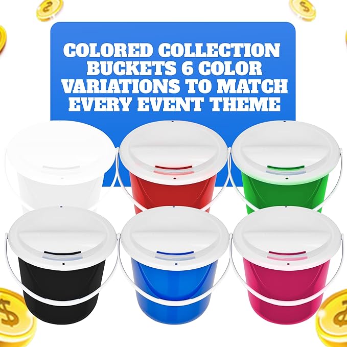 Plastic coin collection Bucket with removable lid and handle charity donation collection money box pail for fundraising with top slot for tickets raffles and money 7.5"Hx8.3"Diameter(Dark Blue) 4 pack