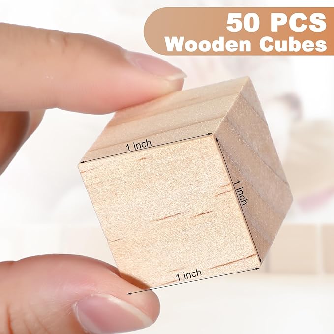 Barydat 50 Pcs 1 in Wooden Cubes, Unfinished Wooden Blocks for Crafting Natural Craft Wood Square Blank Cube for DIY Project Baby Showers