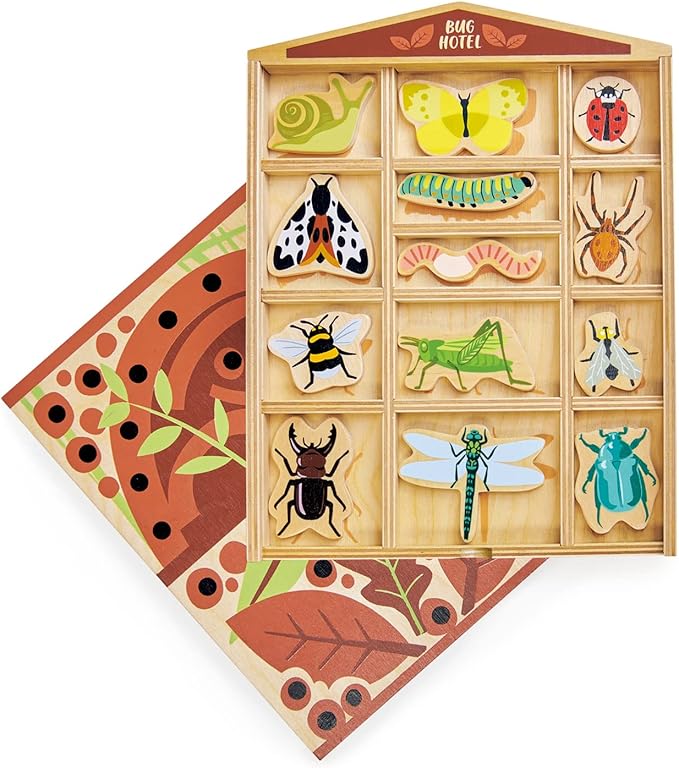 Tender Leaf Toys - The Bug Hotel - 13 Wood Garden Bugs with Shelving Unit and Front Panel - Made for Little Hands - Open-Ended Nature Play - Science Learning Toy for Boys and Girls - Age 3+