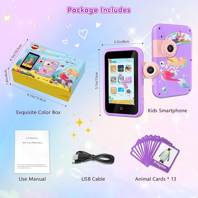 VATOS Kids Smart Phone Toy for Girls Boys 3 4 5 6 7 8 9 Years Old, 4" Large Touchscreen Mermaid Style Kids Cell Phone with Dual Camera, Music Player, Puzzle Game, 8GB Memory Learning Toy Birthday Gift