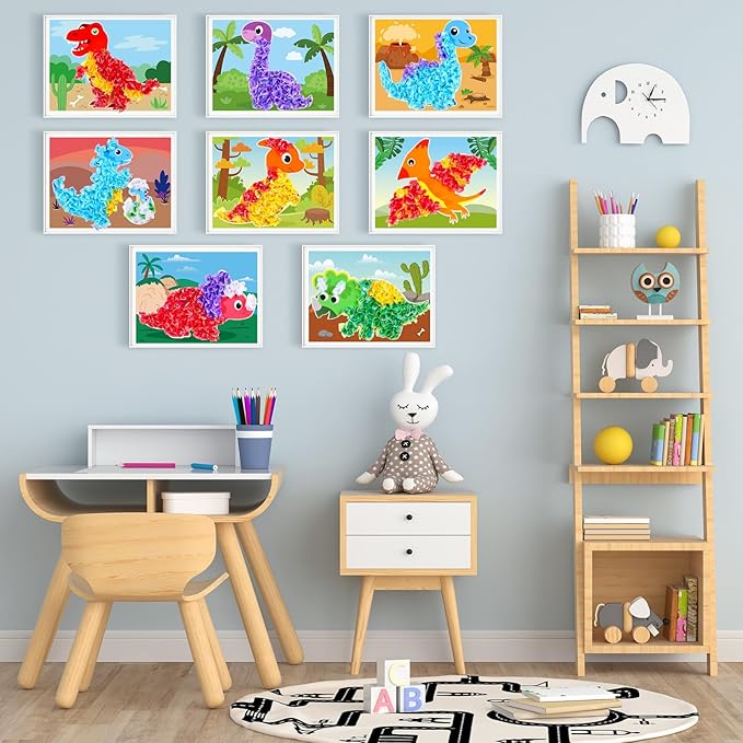 8PCS Poke-in Craft and Art Kit for Kids Dinosaur Theme No-Mess Fabric Sewing Art for Girls Boys 4-12 Fabric Puzzle Puncture Painting Dino Toy Gifts for Creative Activity Game Birthday Party