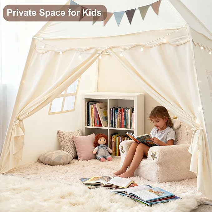 Kids Play Tent with Padded Mat Lights - Large Teepee 59x39x59in with Christmas Decor Kit Storage Bag Flag- Private Space for Reading - Birthday Gift for Boys Girls Ages 3-12