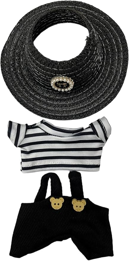 Doll Clothes for 17cm Figures, Black-and-White Striped Top Paired with Black Overalls and a Delicate Woven Hat