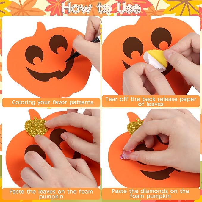 DIYASY 12 Pcs Pumpkin Craft for Kids, Make Your Own Foam Stickers Halloween Craft Kits Arts and Crafts DIY Kid Friendly Fall Decorations Games Party Activities Supplies Age 4-8 8-12