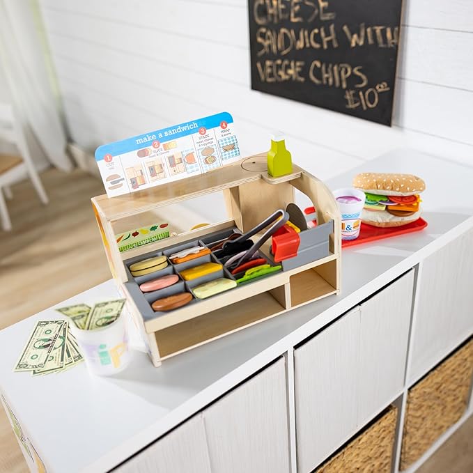Melissa & Doug Slice-Stack-Serve, Wooden Sandwich Counter Pretend Play Store with Play Food Toys, Play Money & Deli Slicer, Preschool Toys for Kids 3+