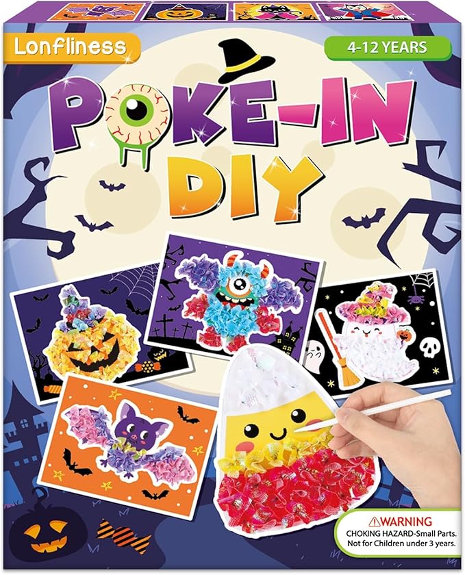 Lonfliness 8PCS Poke-in Craft and Art Kit Kids Halloween No-Mess Fabric Sewing Art Girl Boy 4-12 Puzzle Puncture Painting DIY Bat Pumpkin Ghost Halloween Toy Gift Creative Activity Game Birthday Party