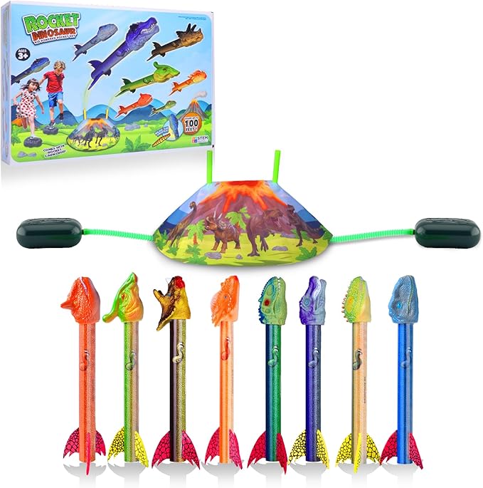 Dinosaur Rocket Launcher for Kids - Launch Up to 100 Ft, 8 Rockets and 2 Pads for Multi-Player, Dinosaur Toys, Birthday Gift Ideas, for 3 4 5 6 7 Year Old Boys, Outdoor Outside