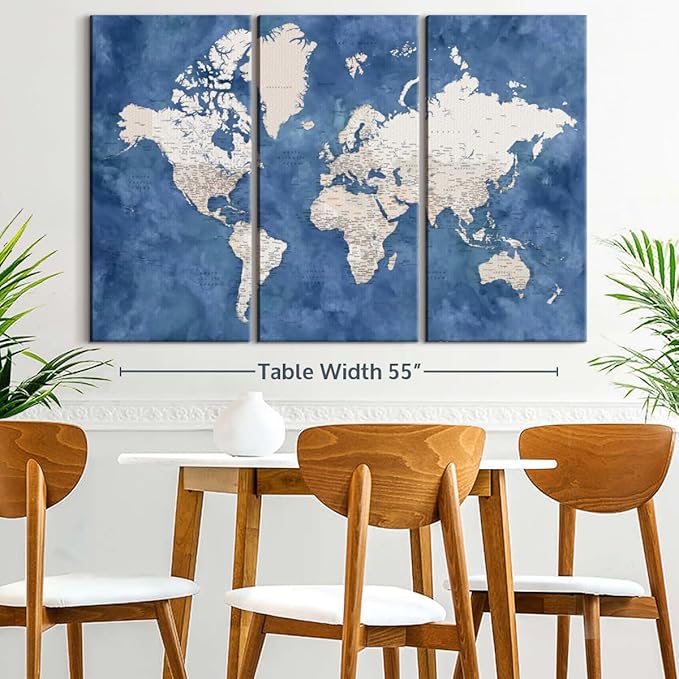 ElephantStock Detailed World Map With Cities I Wall Art - Horizontal Canvas - 3-Piece Living Room Decor - Watercolor Map Canvas Print - Beige and Blue Wall Decor by Blursbyai - 57" X 36"