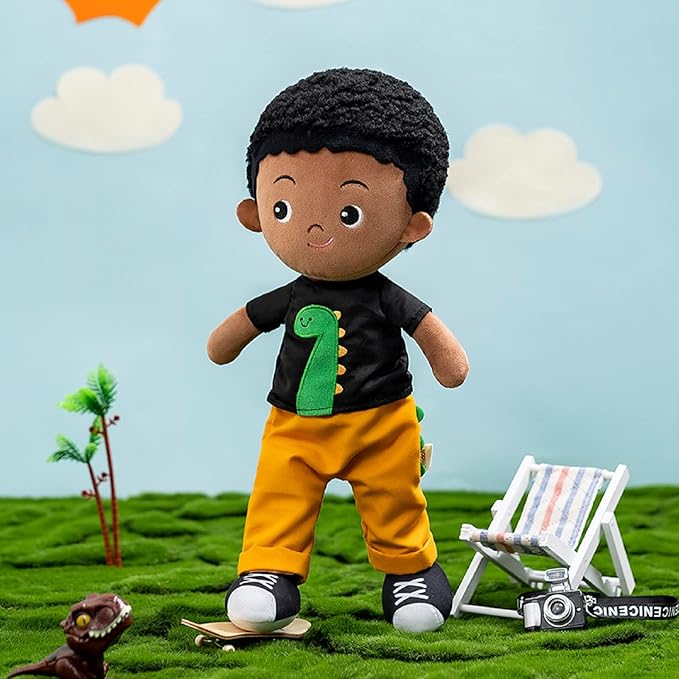 OUOZZZ 13" Black Baby Doll Toys for 1 + Year Old Boy Gifts, African American Doll Birthday Gifts for 1 Year Old Boy Christmas Plush Toys Gift for Toddler Kids Dinosaur