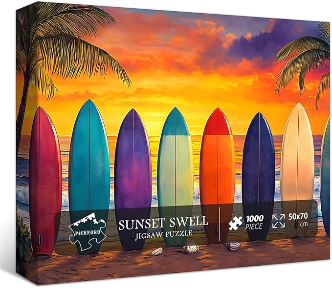 Beach Sunset 1000 Piece Puzzle for Adults, PICKFORU Summer Seaside Surfboard Jigsaw Puzzles, Colorful Hard Beach Vacation Theme as Art Decor