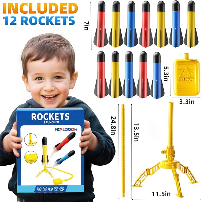 Rocket Launcher for Kids, 12 Foam Rockets, Launch up to 100+ft, Outdoor Outside Backyard Toys for Boys & Girls, Birthday Gift Toys for Kids Boys Girls Age 3 4 5 6 7 8 Years Old