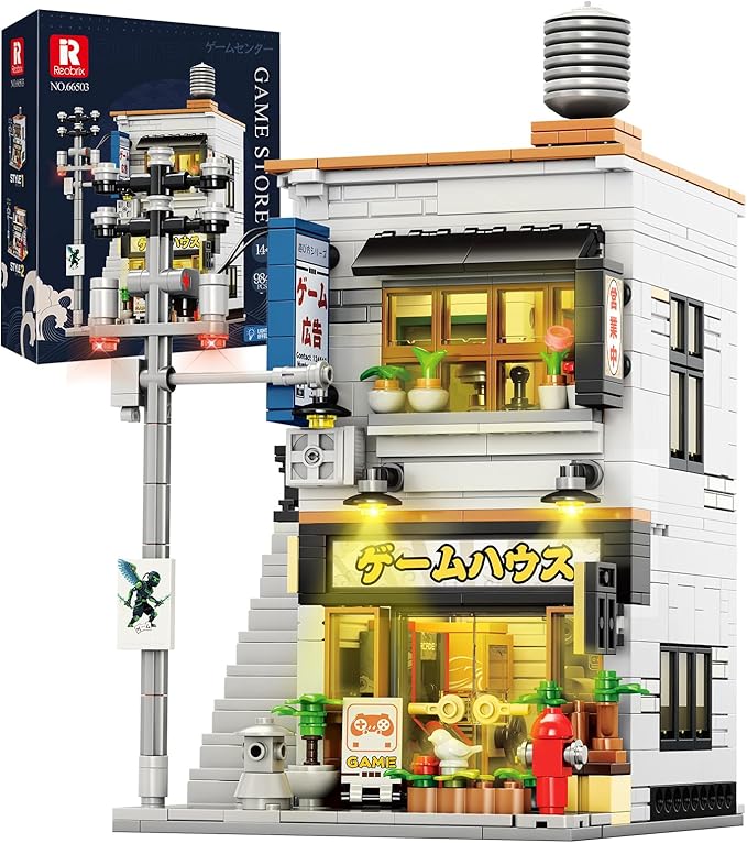Reobrix Japanese Game Store Building Blocks 66503, Creative Japanese Toys Model Set, 2 in 1 Street View House with Lighting, Ideal Collectible Gift Choice for Adults 14+
