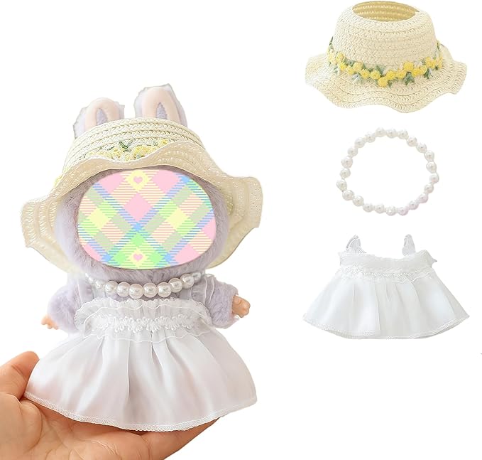 Clothes for Dolls Accessories, Outfit Set 3 Pieces Gauze Dress for 15cm 17cm Doll (No Doll), Romantic Hat Skirt Doll Clothing Set Replacement White