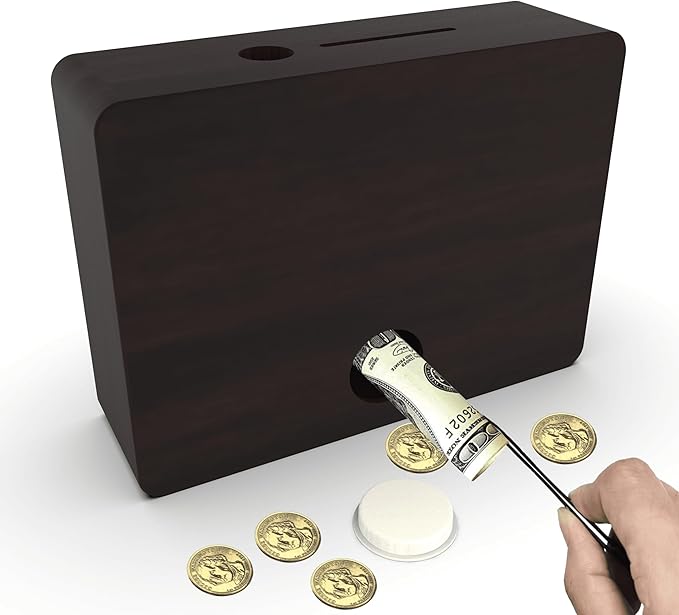 Piggy Bank for Adults Kids, Wooden Coin Bank for Boys and Girls, Cash Vault Money Saving Box with Counter $10000 $5000 Savings Challenge Money Box with Money Target and Numbers (Black Box+ 8 Sheets)