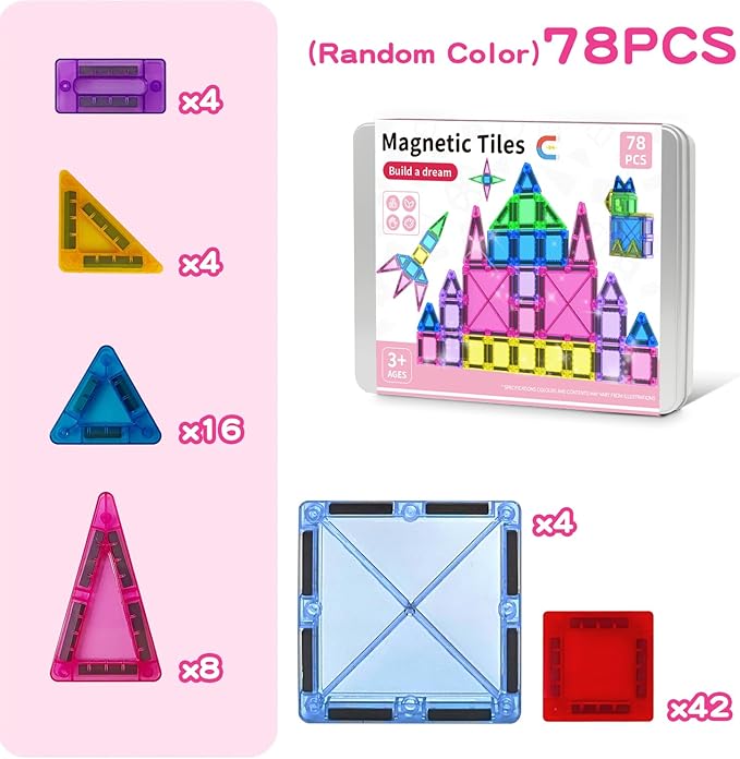 78PCS Magnetic Tiles Mini Travel Kids Set, Learning Sensory Toys，Preschool Classroom Magnetic Blocks Building Kids Toys & Games, for 3-8 Year Boys Girls Birthday Gift