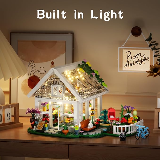 Flower House Building Set with LED Light, Garden House Fountain Countyard Buiding Toy with Flowers Potted & Cat Playset, Greenhouse Model Xmas Decor Gifts for Adults Friends Girls 6+