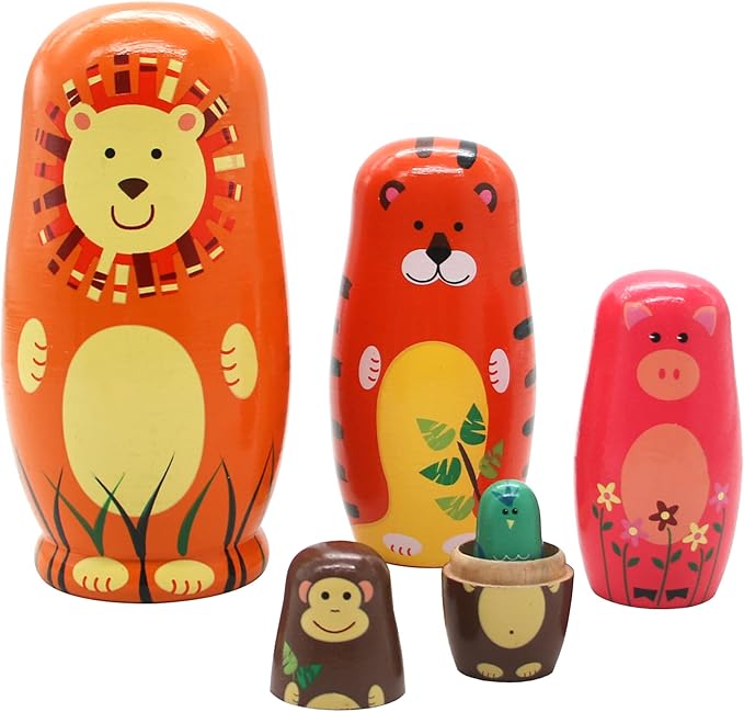 Conzy Russian Nesting Dolls for Kids, Stacking Wooden Handmade Matryoshka Dolls, 5 Piece Cute Cartoon Animal Pattern, Great Toy Gift for Girls Boys' Birthday or Home Decoration (Orange)