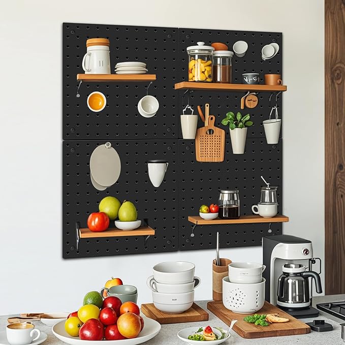 Peg Board,Steel Organization Panels, Ideal for Garage Tool Storage, Office Organization, Craft Room, Kitchen,Pack of 4 (Black, 4-12X12)