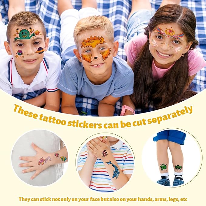 Partywind Temporary Face Tattoos for Kids, 24 Styles Creative Face Stickers for Face Painting, Waterproof Fake Tattoo Stickers for Kids Makeup, Birthday Party Favors Supplies Goodie Bag Stuffers
