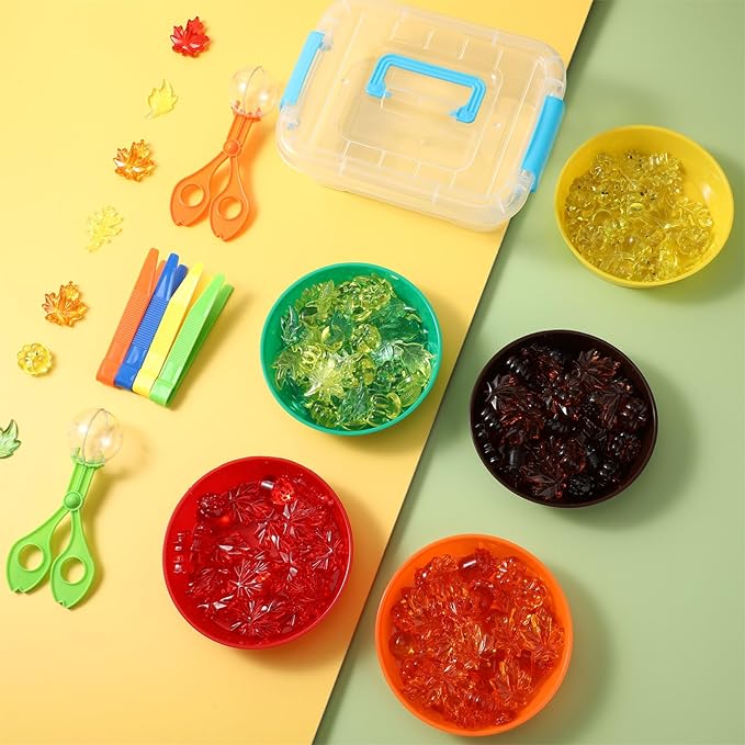 147 Pcs Fine Motor Toys Counting Sorting Fall Decorations, Sensory Bin Filler, 135 Acrylic Fall Leaves Pumpkin 4 Tweezers 2 Scissors Clips 5 Cups Storage Box for Fall, Autumn Thanksgiving Decor