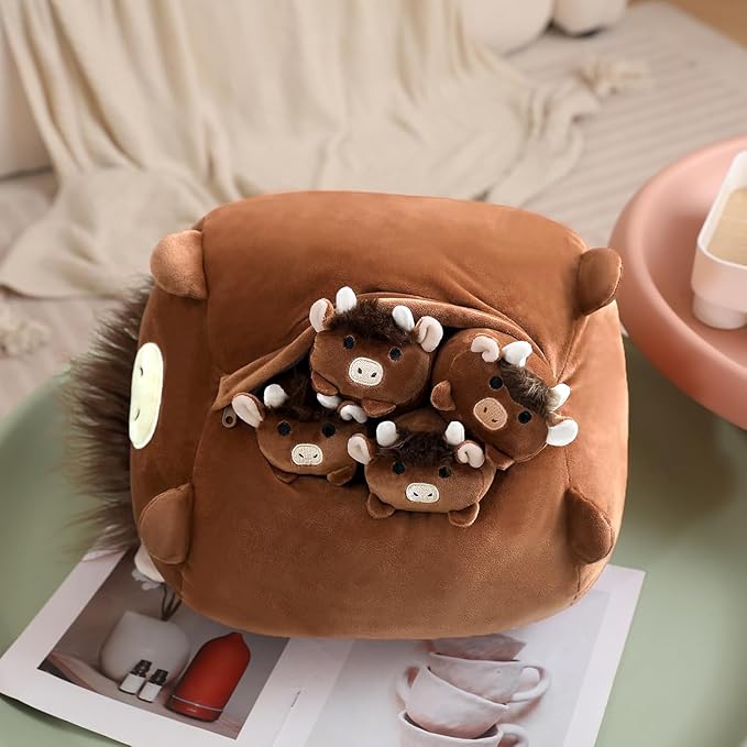 SQEQE Highland Cows Stuffed Animals 5 in 1, Cute Fluffy Cow Plush with 4 Babies in Tummy, Soft Highland Cattle Kid Bedtime for Christmas Valentine's Birthday Gifts, Plushies Decor for Boys Girls