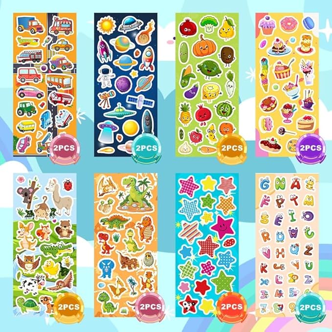 48 Sheets Stickers for Kids, Cute Kids Stickers Variety Pack for Scrapbooking, Teachers Classroom Prizes, Goodie Bag Stuffers Including Animals, Cars, Dinosaurs, Fishes, Hearts, Stars and More