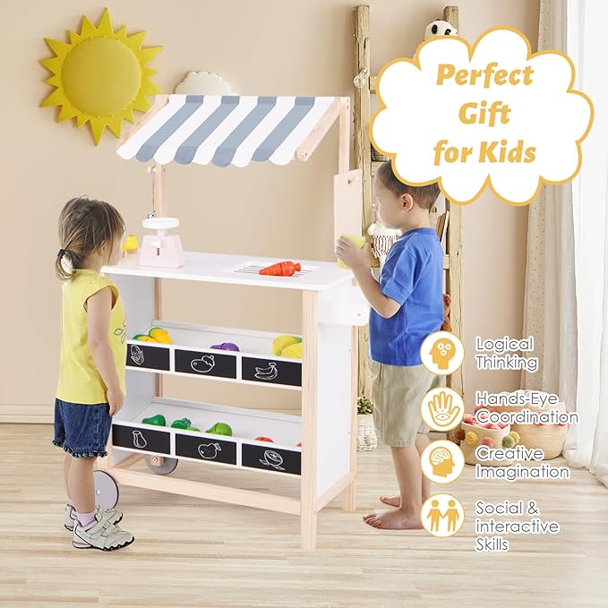 Costzon Kids Pretend Play Grocery Store, Wooden Ice Cream Cart Toy Set for Kids with Ice Cream Making Counter, Scale, Bell, Display Shelves, Blackboard, Canopy, Wheels, Gift for Toddlers (White)