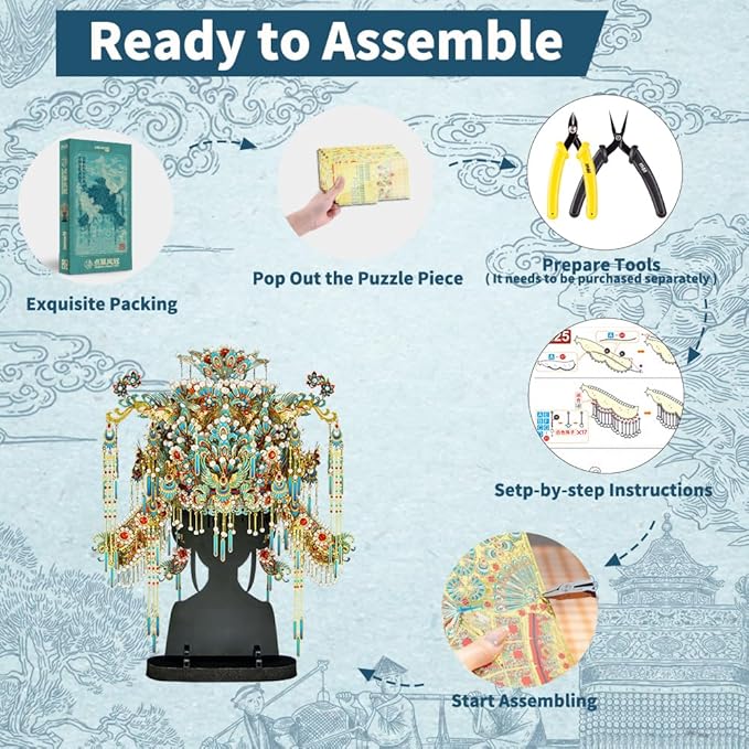 Piececool 3D Metal Puzzles for Adults, Chinese Kingfisher Phoenix Tiara Model Kits DIY Hobbies Crafts for Adult Difficult 3D Puzzles for Women, Home Decor Family Time Best Gifts