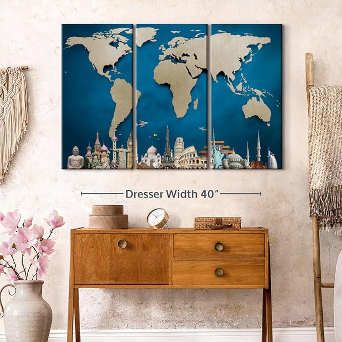 ElephantStock Ocean Blue World Map Multi Piece Canvas - 3 Panel Wall Decor - Map of the World Art - Canvas for the Office and Home - 50" X 32"