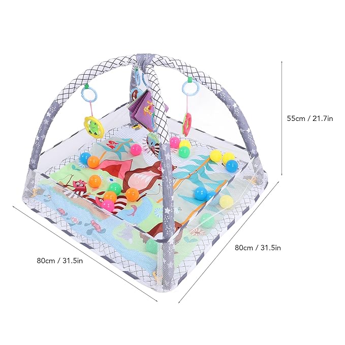 Baby Gym Play Mat, Cotton Playmats & Floor Gyms Portable Tummy Time Mat with 20Pcs Soft Ocean Balls Hanging Toys, Baby Mats for Floor Play