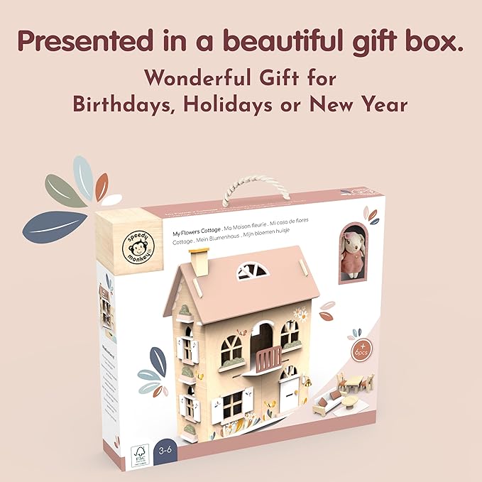 SPEEDY MONKEY Flowers Cottage Wooden Dollhouse with Starter Set | Pretend Play Doll House for Toddlers & Preschoolers | Fun Playhouse for Boys & Girls, Ideal for Imaginative Storytelling Playset