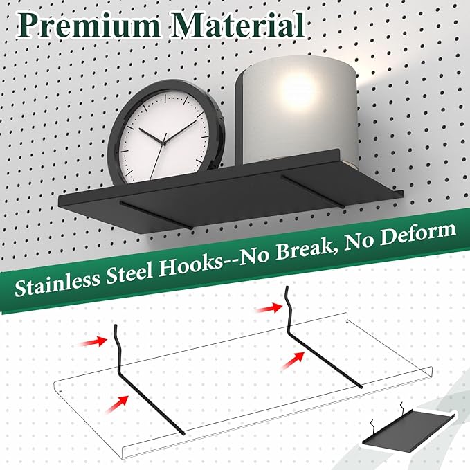 PEKGRIL 17X8 Inch Large Pegboard Shelves Set of 4, Metal Peg Board Shelves Accessories, Flat Display Shelves for Pegboard, Metal Retail Display for Storage and Organization, Black