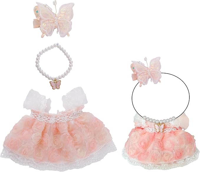 17cm Doll Clothes Set & Dolls Outfit 3-Piece Handmade Doll Clothing Set with Dress Necklace and Butterfly Decoration Accessories for 17cm Plush Dolls, Clothes Only, No Doll Included (Pink C)
